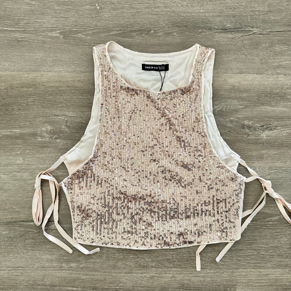 Shein Bae Rose Gold Sequins Crop Tank Side Tie NEW With Tags Size Small